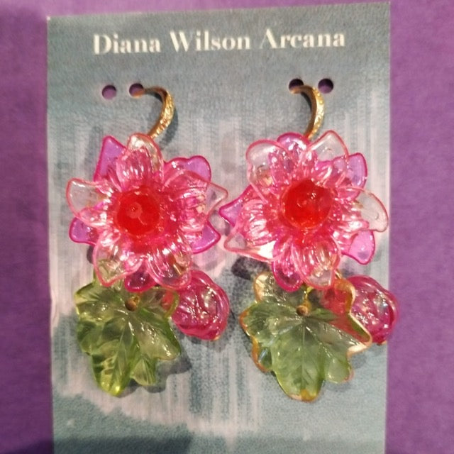 Pink & Green Leaf Acrylic Flower Earrings