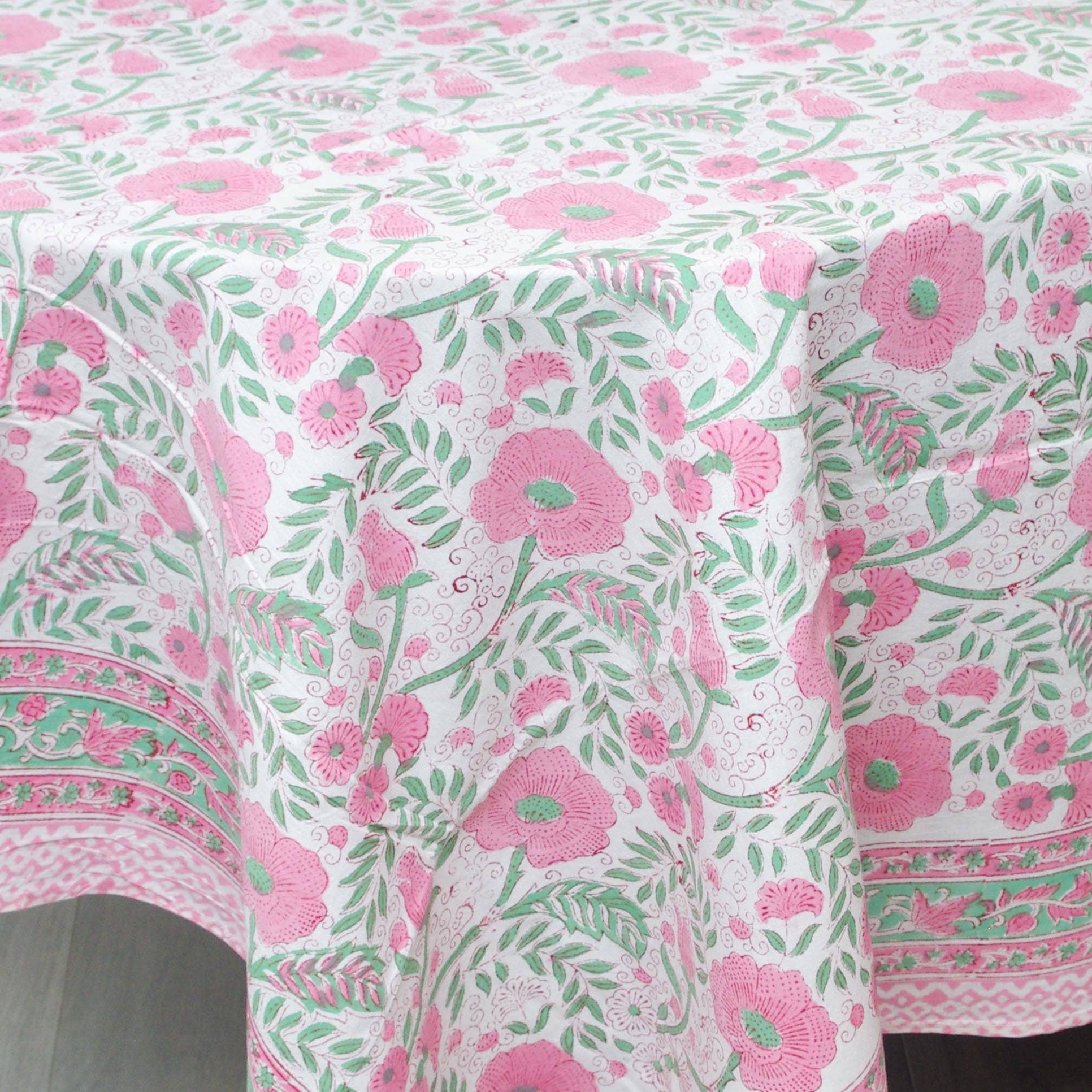 Block Printed Rectangular Tablecloth - Pink Floral Garden