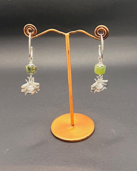 Nephrite Earrings With Silver Bee