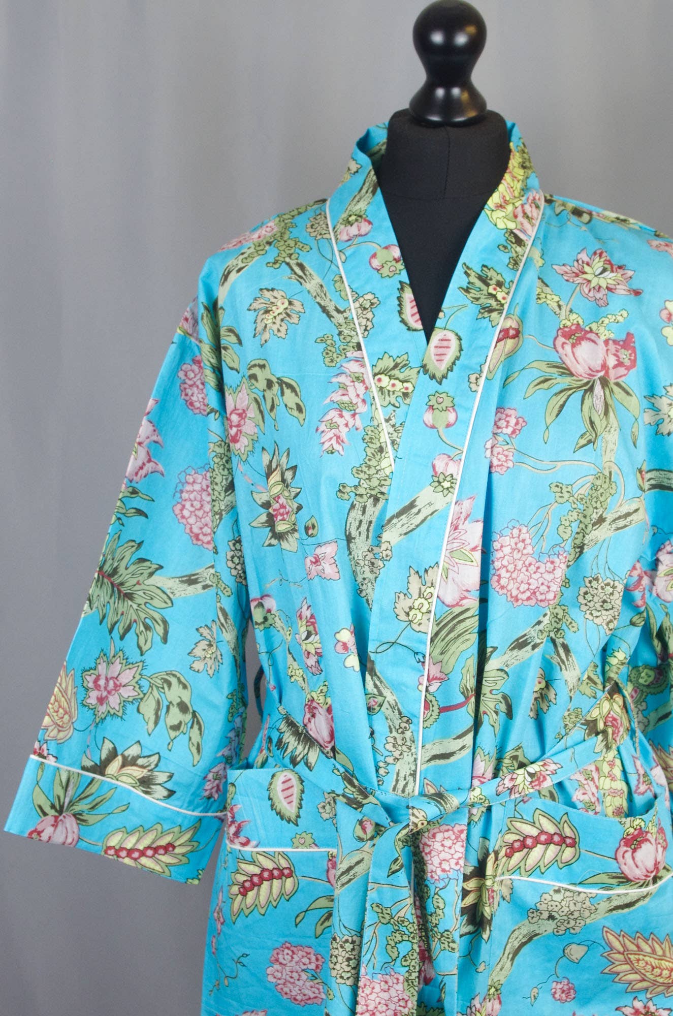 Cotton Kimono Dressing Gown Robe -Blue Wild Flowers