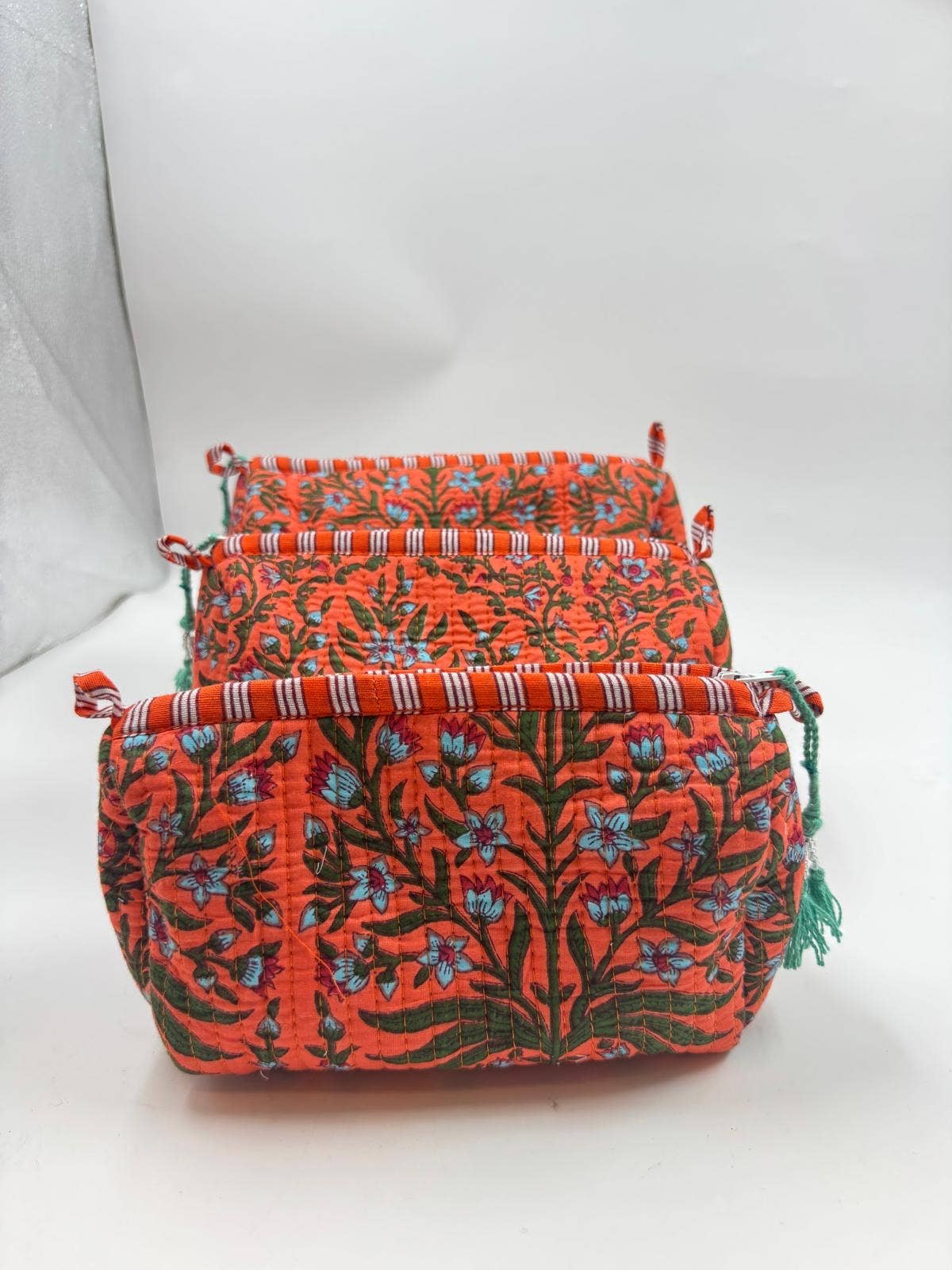 Orange cotton  quilted wash bag. Set of three -  small, medium,  large