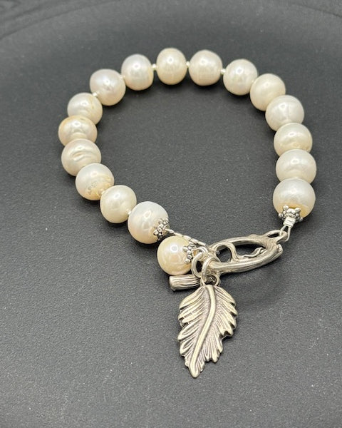 Freshwater Pearl Bracelet With Silver Leaf Charm