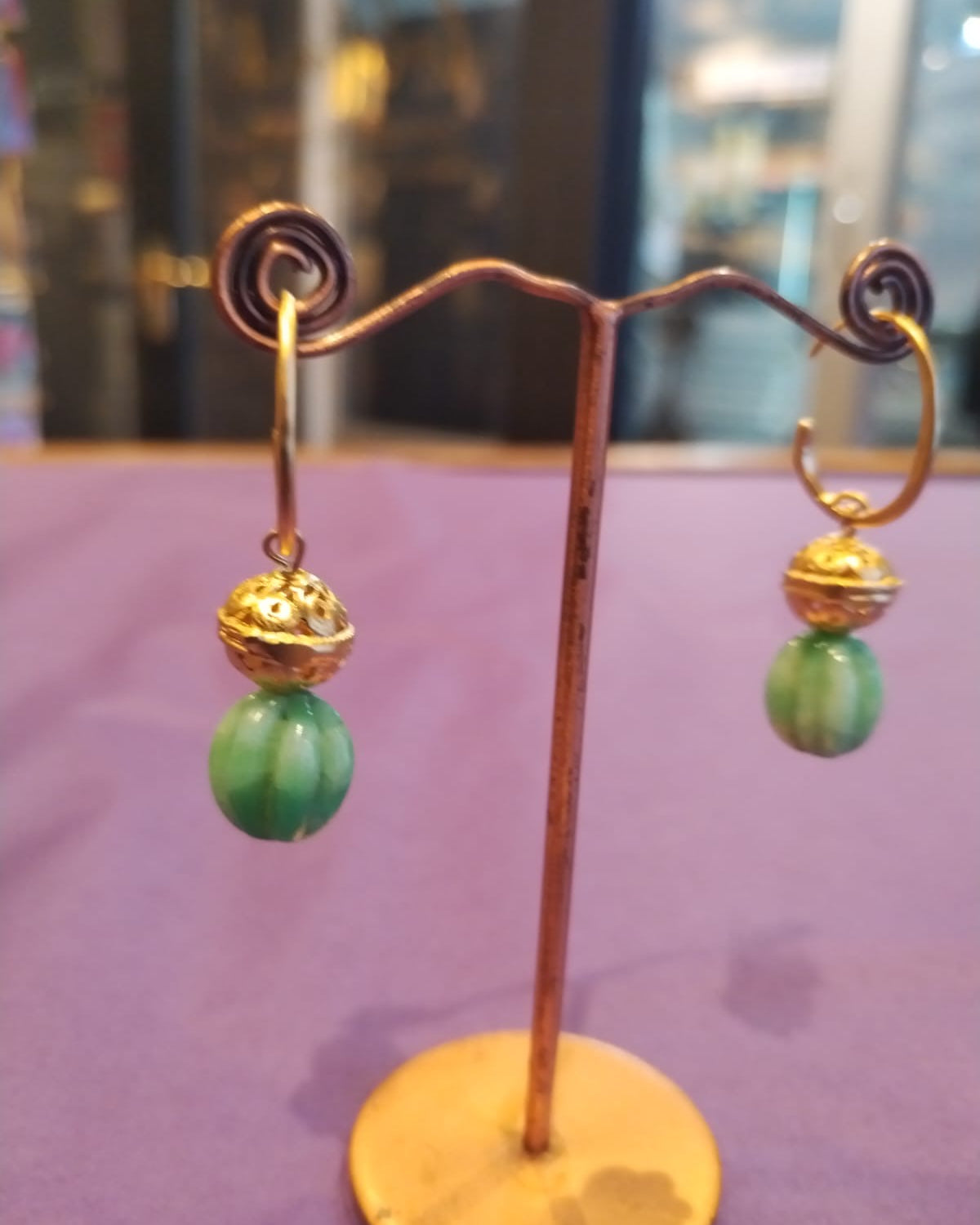 Green bead & gold drop earrings