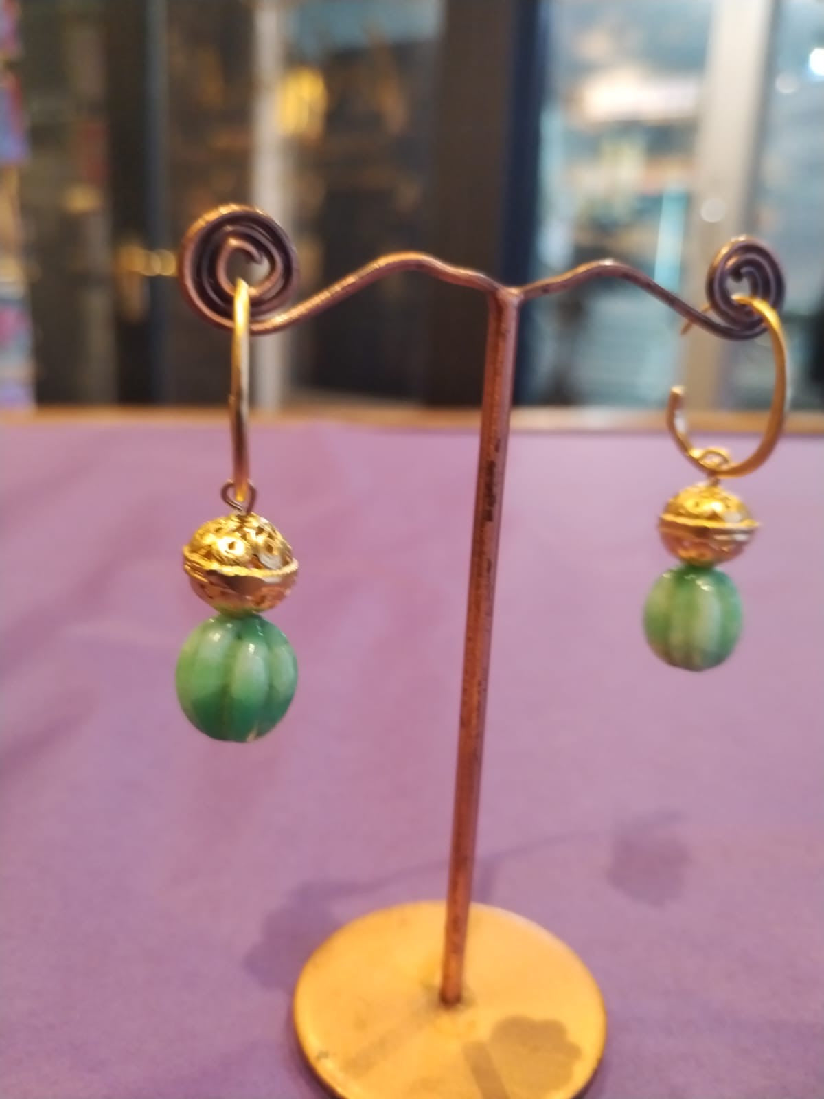 Green bead & gold drop earrings