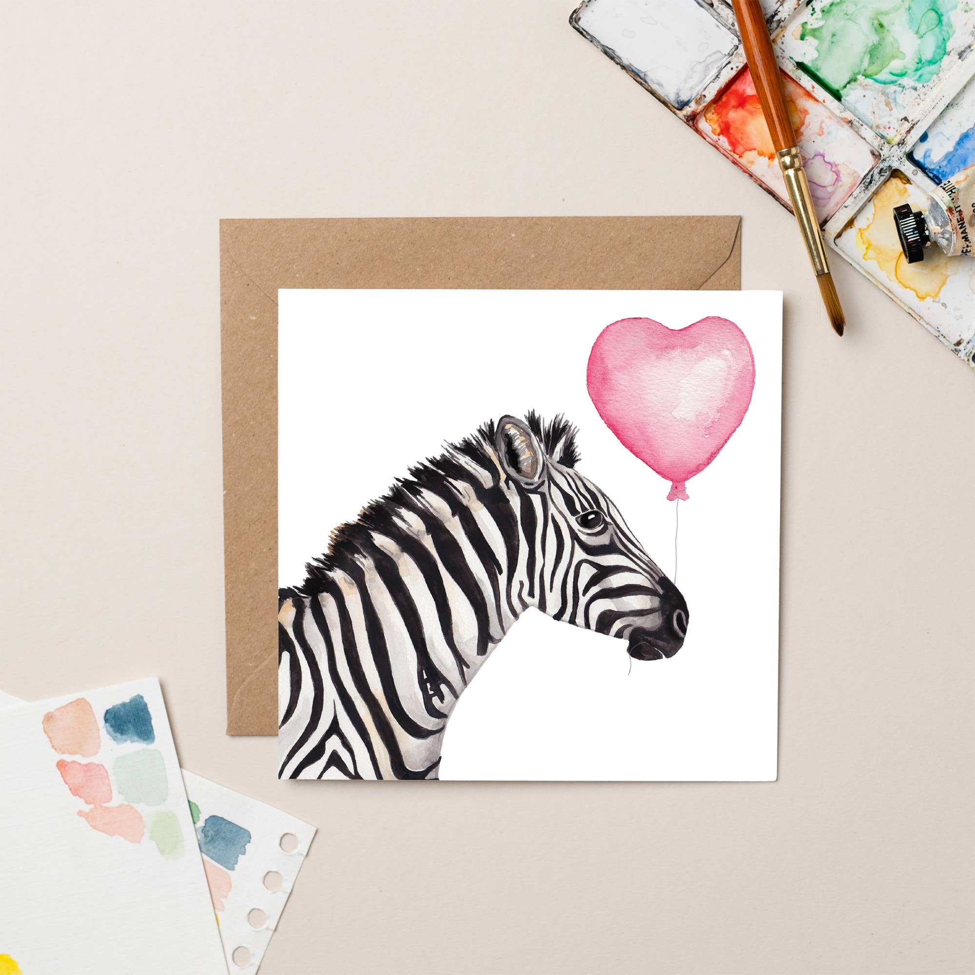 Zebra with Heart Balloon Valentine card