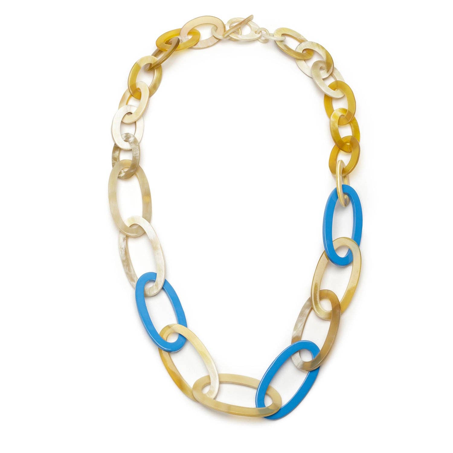 Necklace with blue and gold chain links on a white background