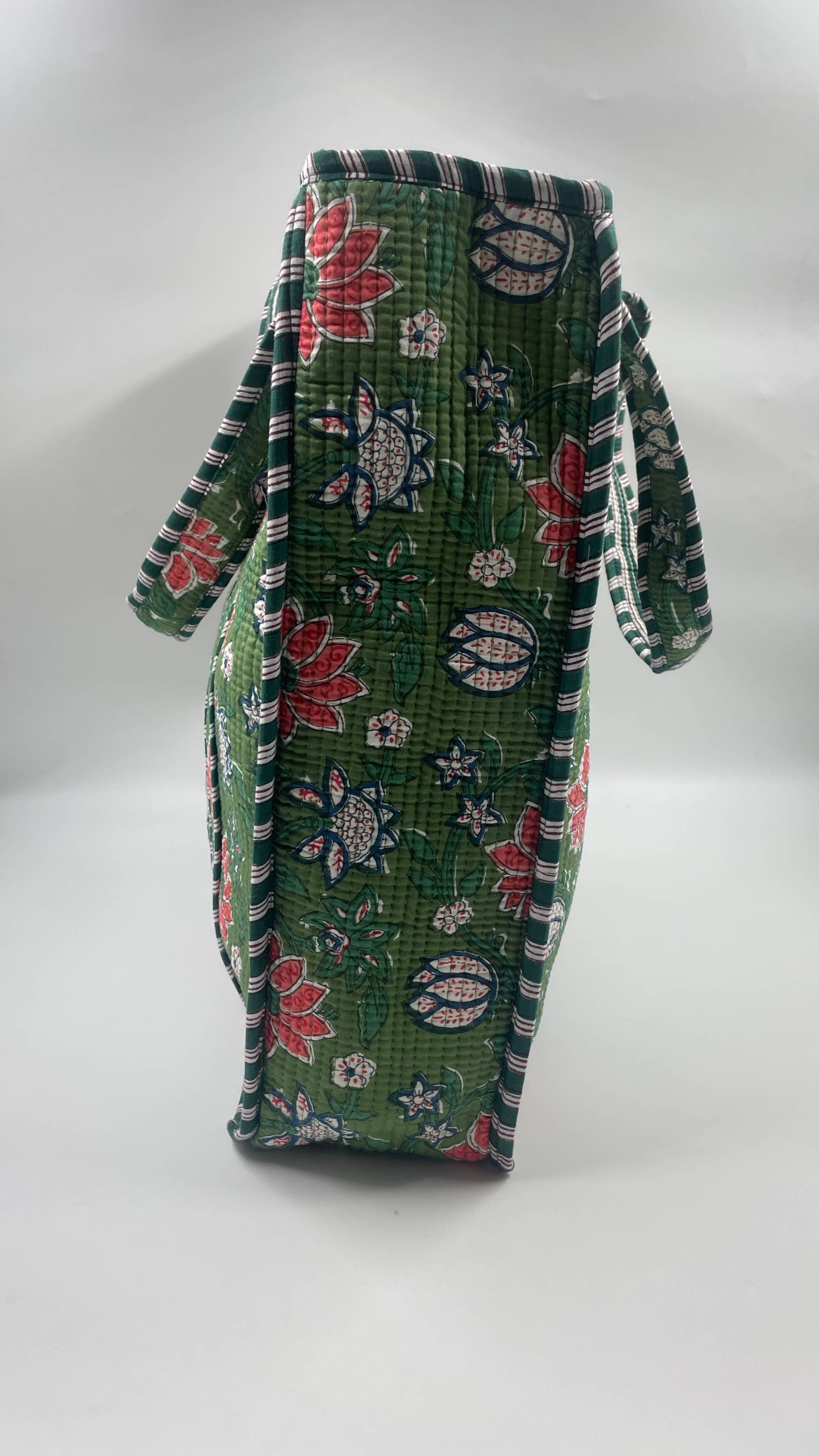 Green & Pink Floral Cotton QuiltedTote Bag