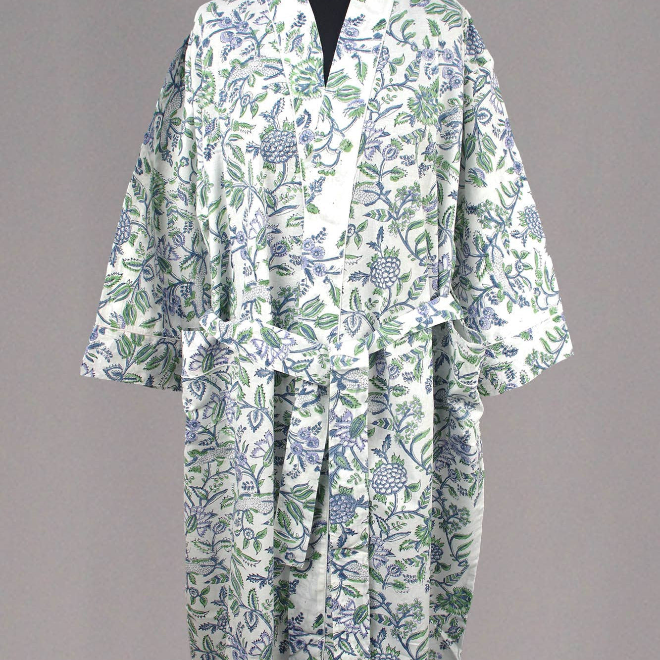 Cotton Kimono Dressing Gown - Blue Flowers On White