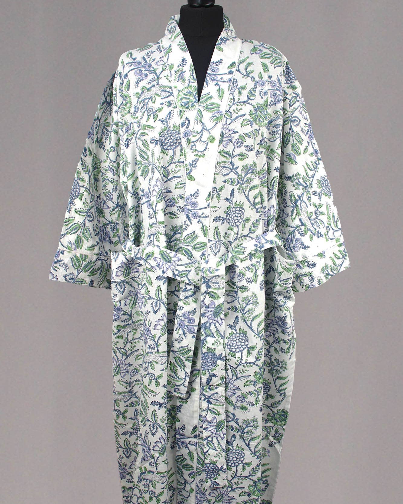 Cotton Kimono Dressing Gown - Blue Flowers On White