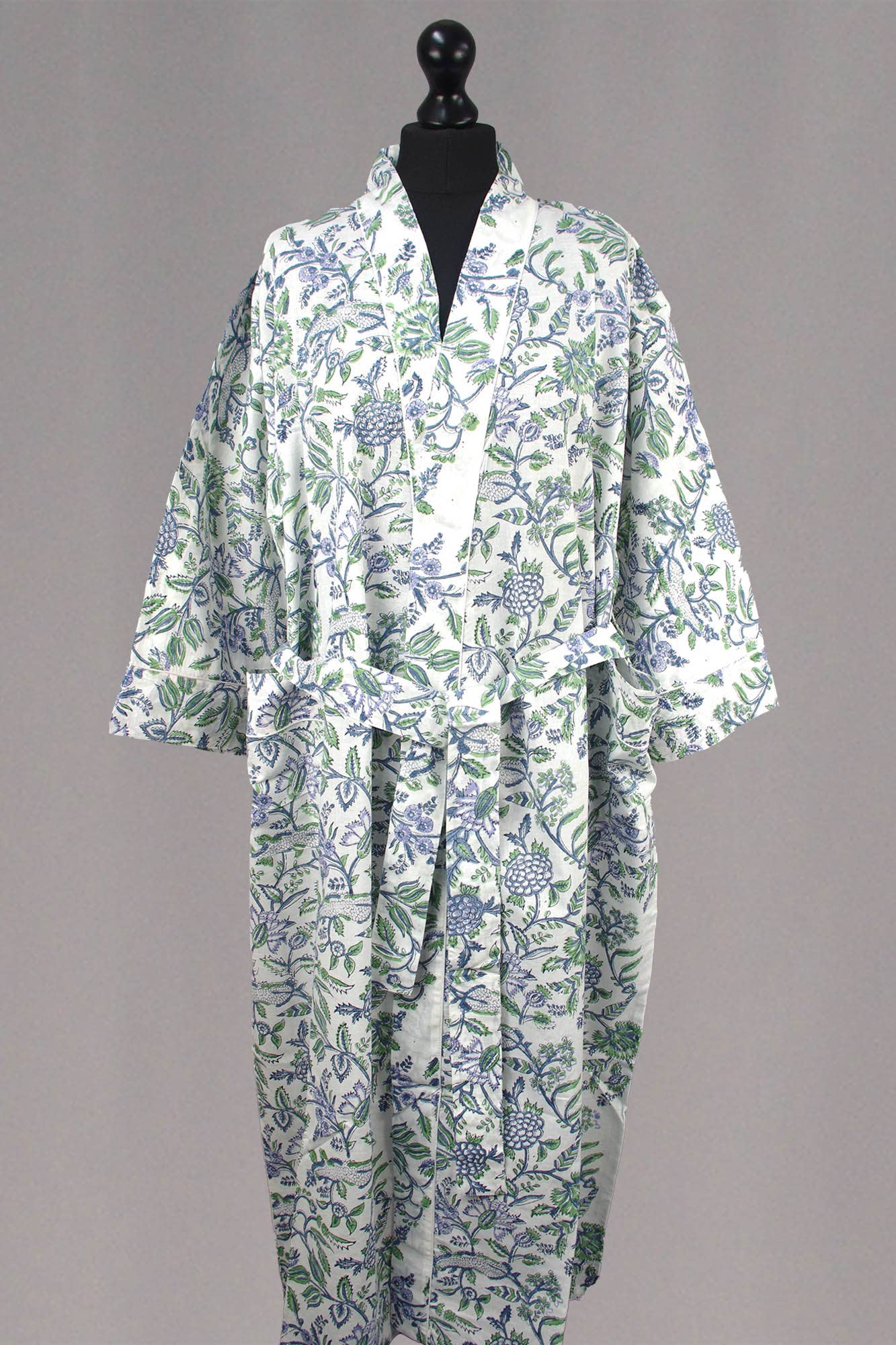 Cotton Kimono Dressing Gown - Blue Flowers On White