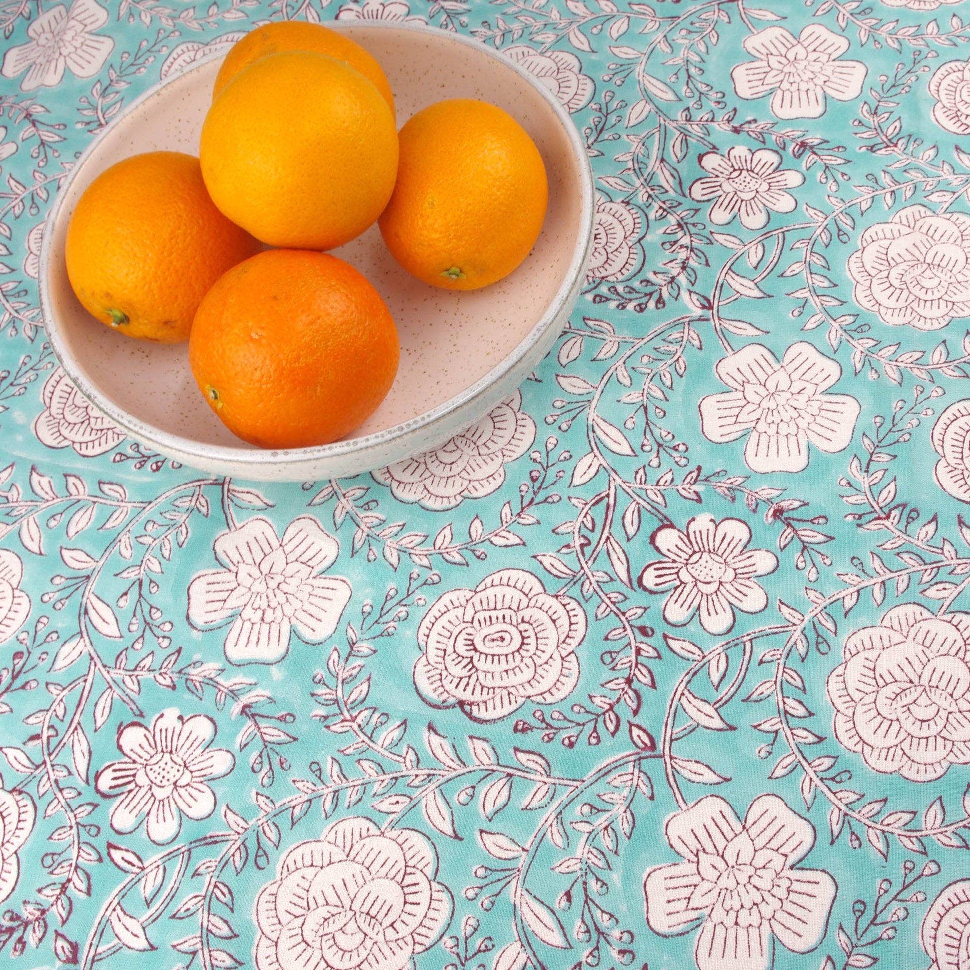 Block Printed Rectangular Tablecloth - Teal Roses