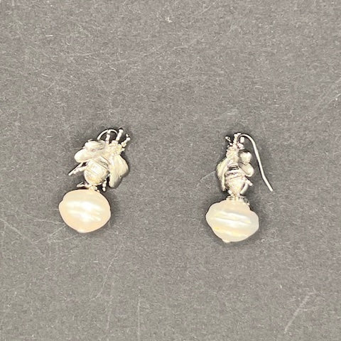 Freshwater Pearl & Silver Bee earrings