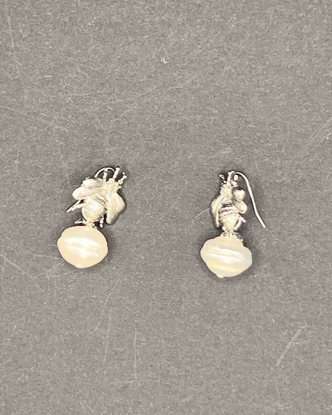 Freshwater Pearl & Silver Bee earrings