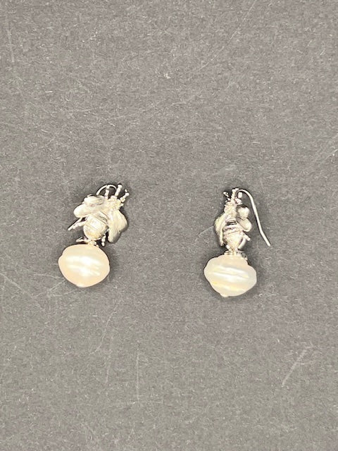 Freshwater Pearl & Silver Bee earrings