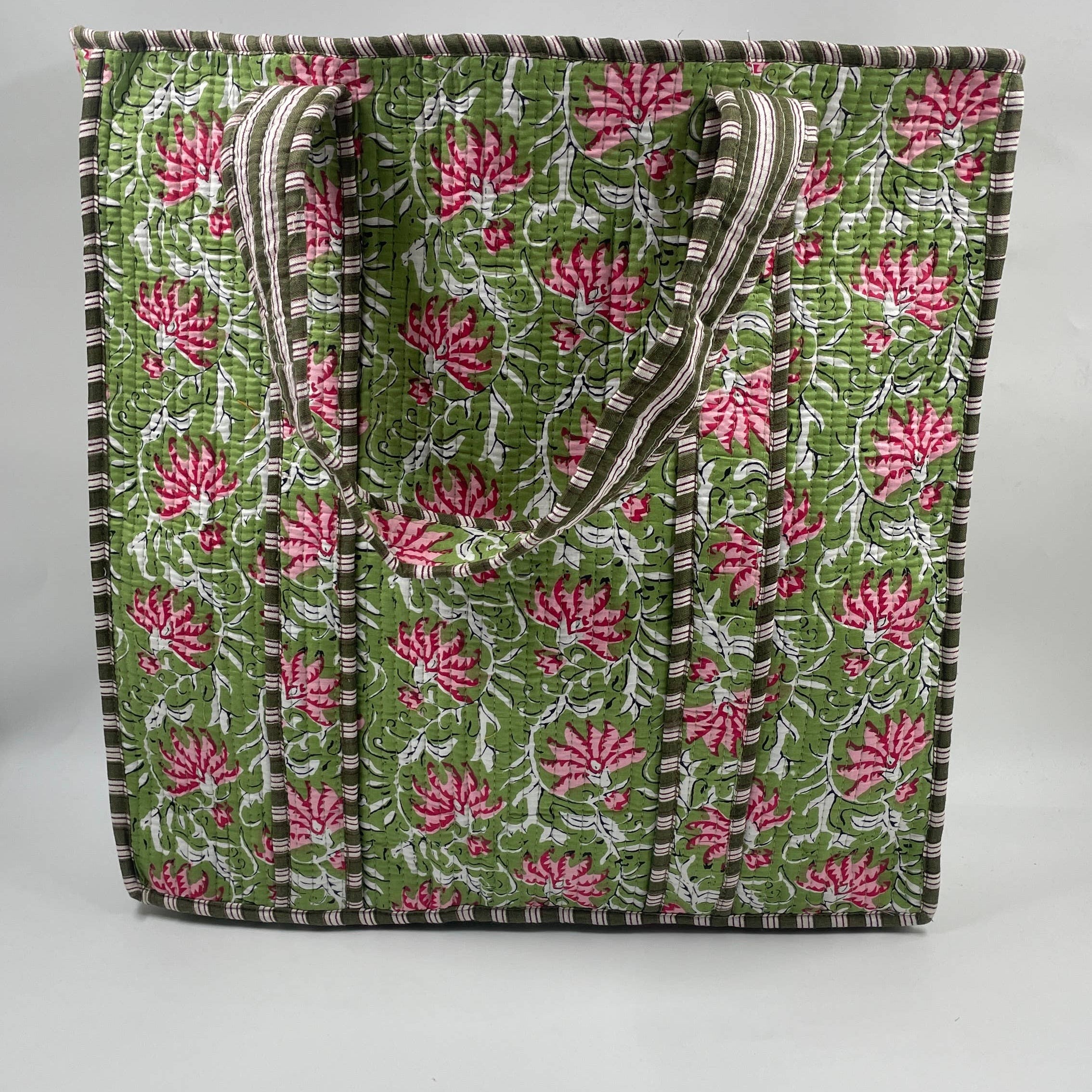 Pink & Green Cotton Kantha Quilted Tote Bag