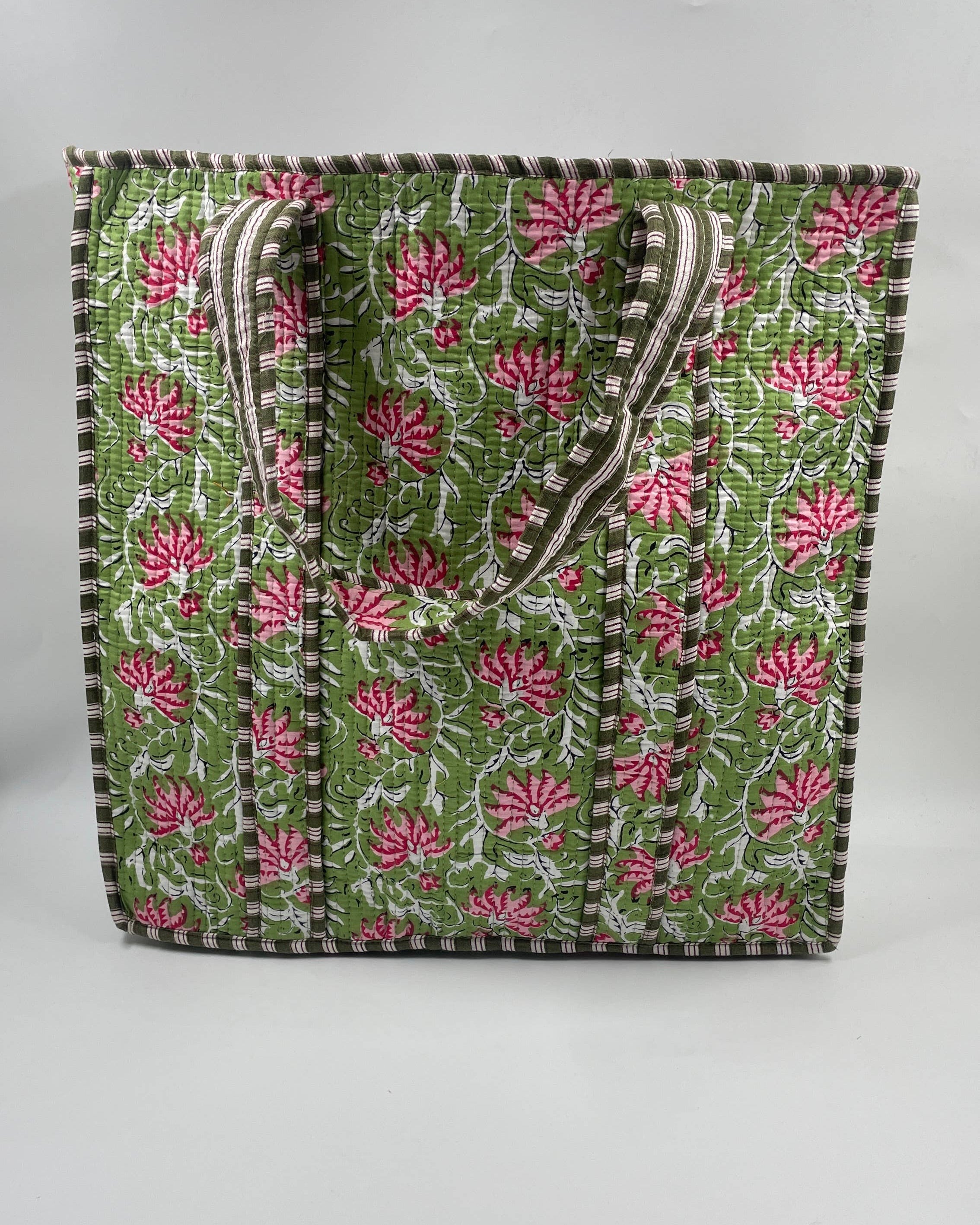 Pink & Green Cotton Kantha Quilted Tote Bag
