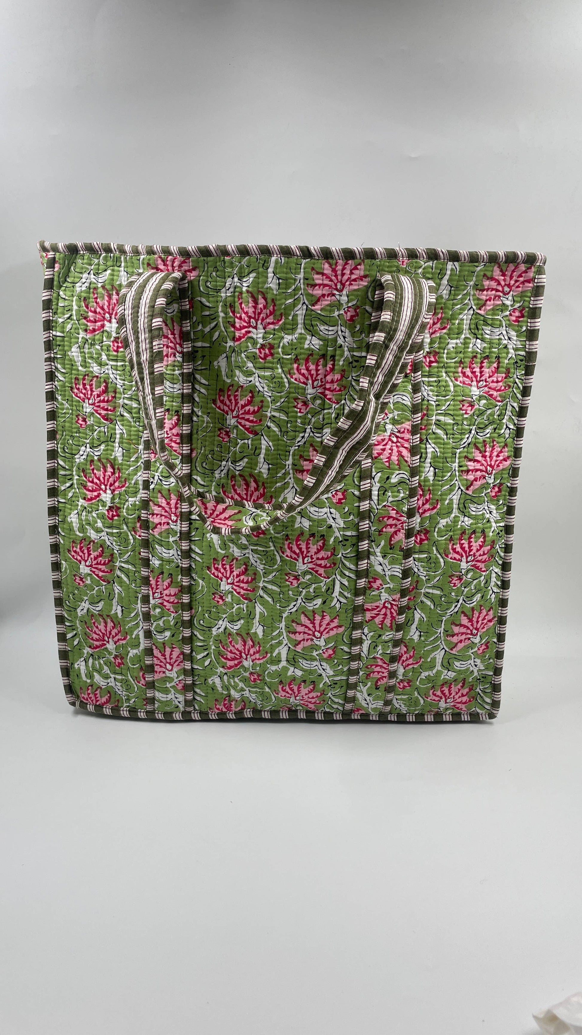 Pink & Green Cotton Kantha Quilted Tote Bag