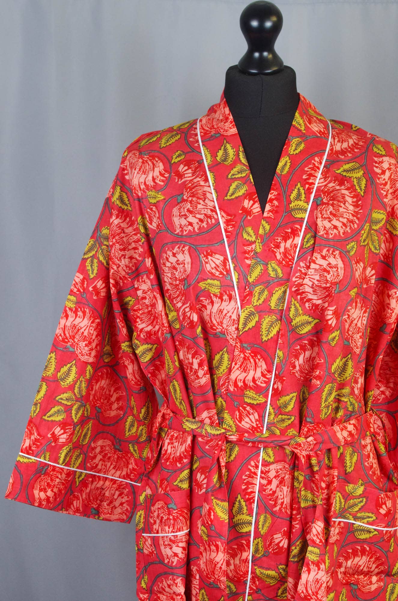 Cotton Kimono Dressing Gown Robe -Red Lotus
