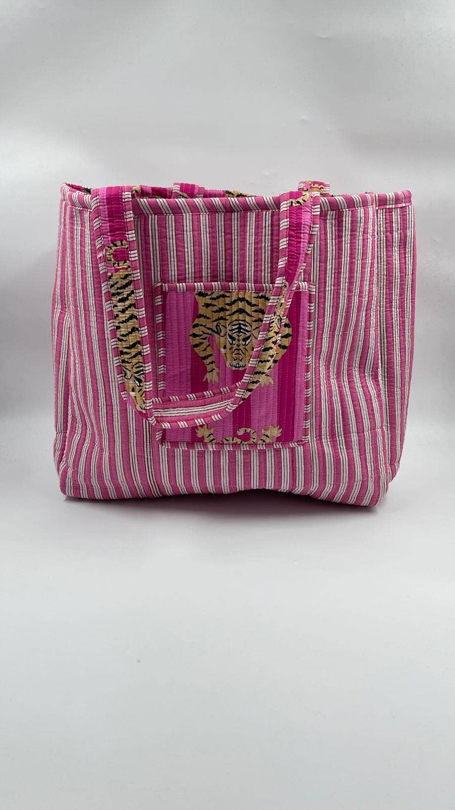 Pink Tiger Cotton Kantha Tote Bag