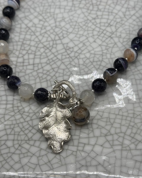 Striped Agate & Silver Oak Leaf Necklace