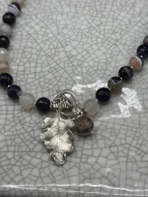 Striped Agate & Silver Oak Leaf Necklace