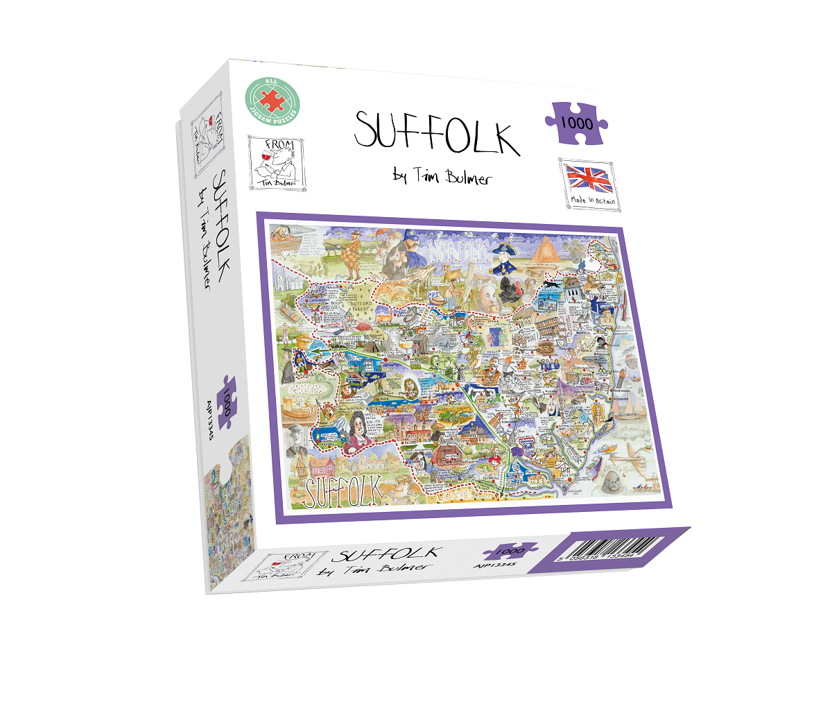 Jigsaw puzzle box featuring a map of Suffolk by Tom Butler on a white background