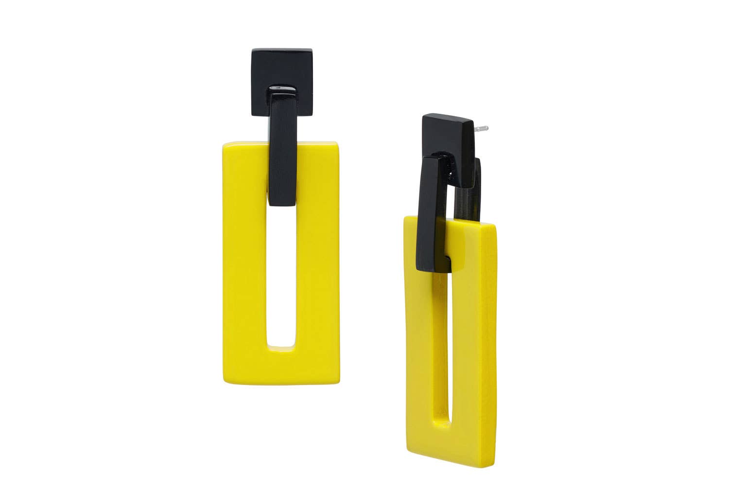 Chartreuse and black rectangle link horn earrings