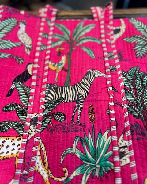 Hot pink cotton tote - Jungle animals