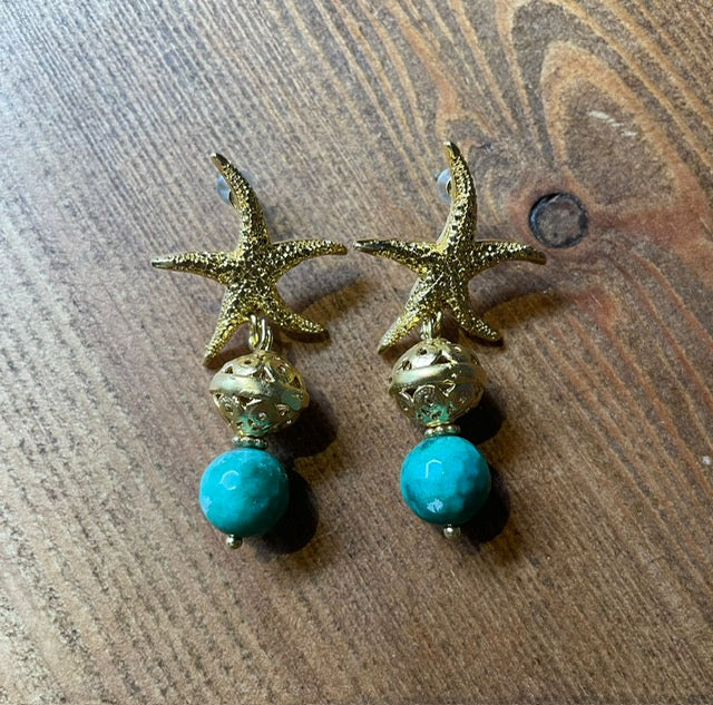 Dark green gold starfish earrings