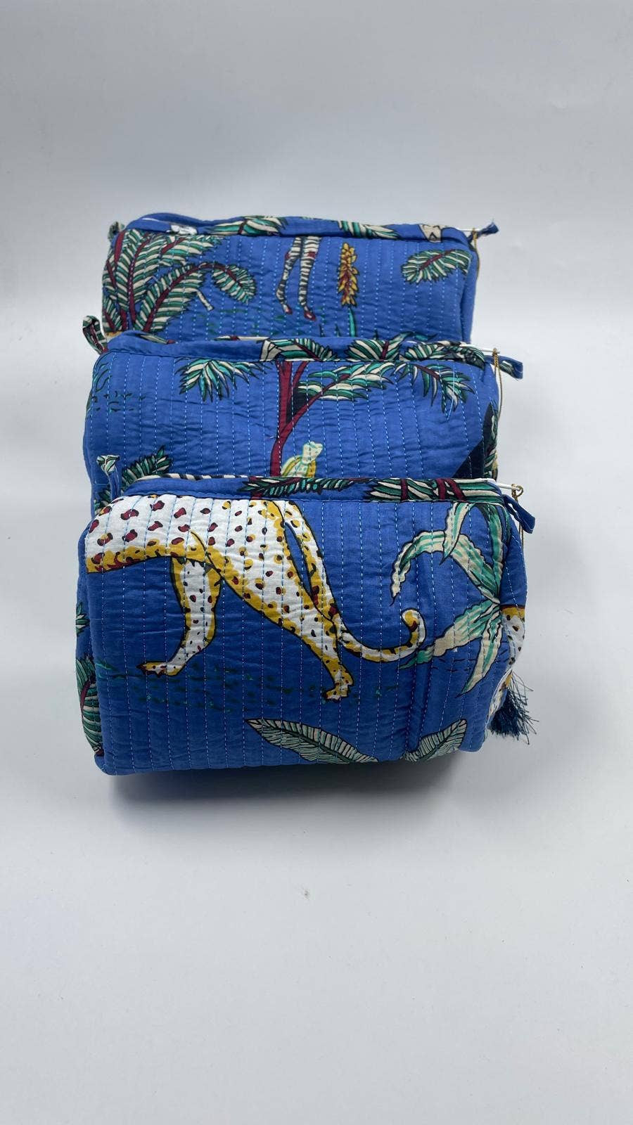 Cotton quilted Jungle design wash bag set of 3 small medium & large