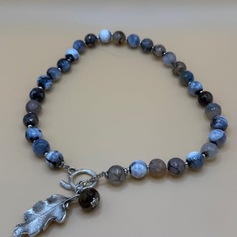 Brown & Grey Agate Necklace with Silver Oak Leaf