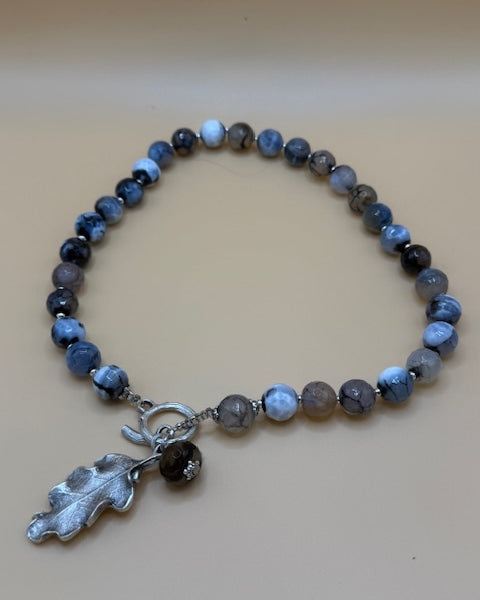 Brown & Grey Agate Necklace with Silver Oak Leaf