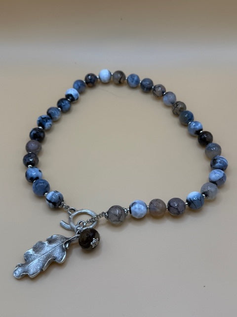 Brown & Grey Agate Necklace with Silver Oak Leaf