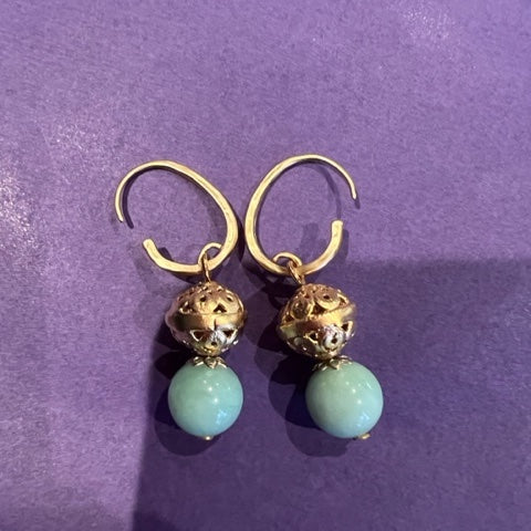 Blue agate and gold hook earrings