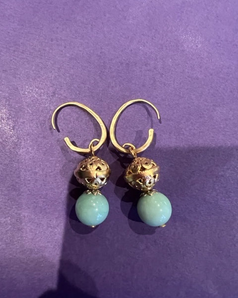 Blue agate and gold hook earrings