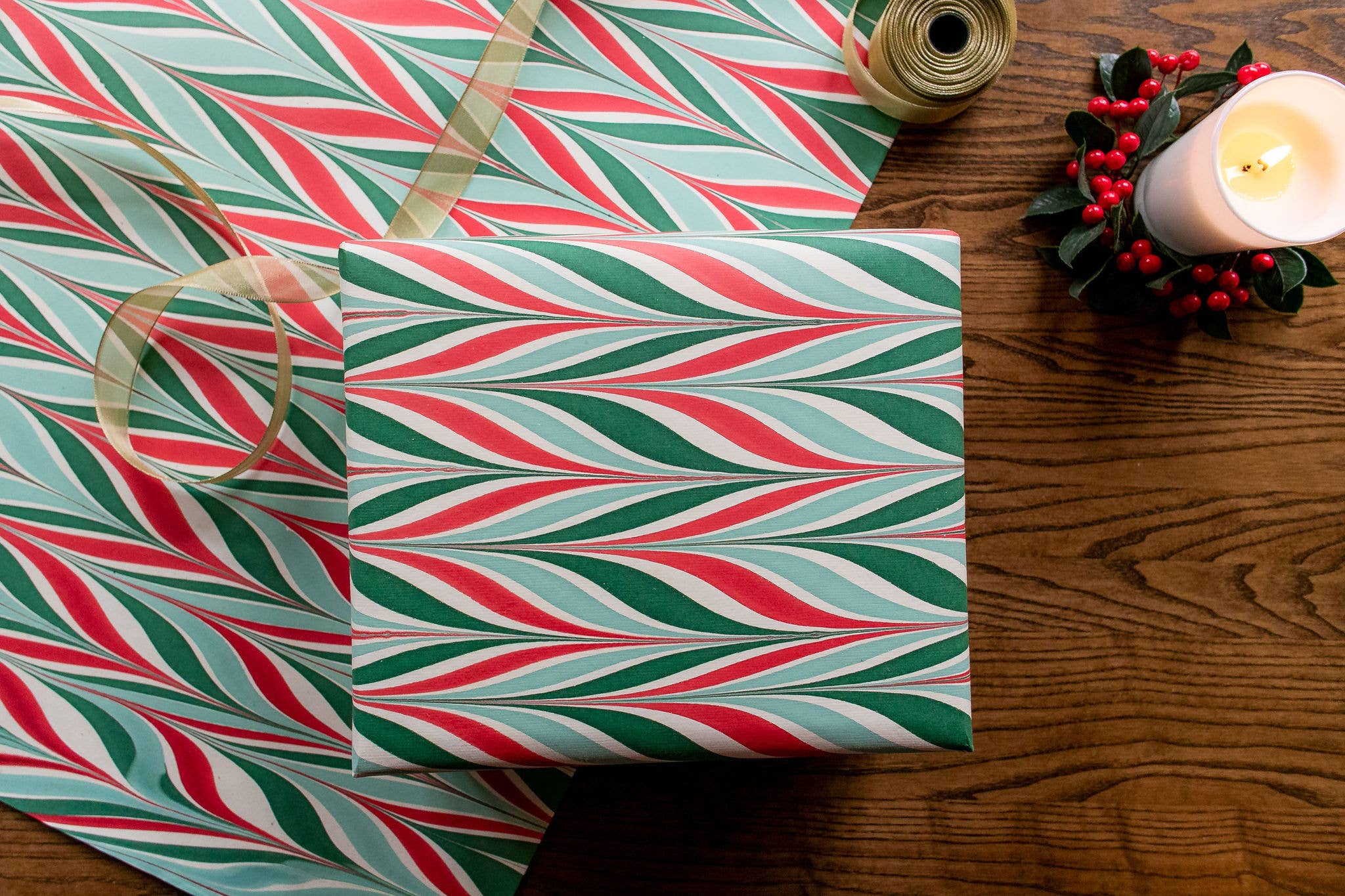 Hand Marbled Christmas Wrapping Paper - CandyStripes Festive