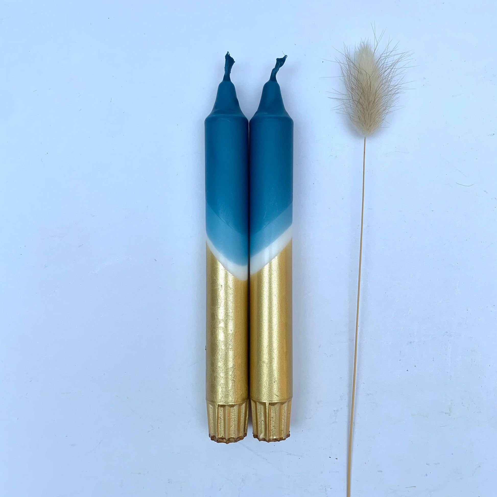 Teal Blue & Gold Dip Dyed Dinner Candles