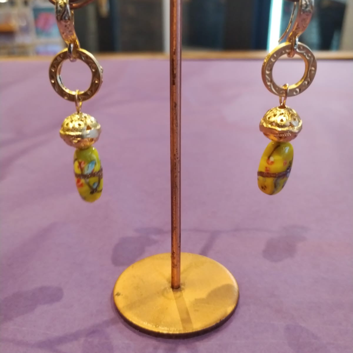 Yellow colourful bead & gold drop earrings