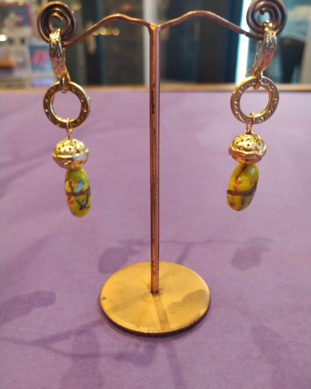 Yellow colourful bead & gold drop earrings