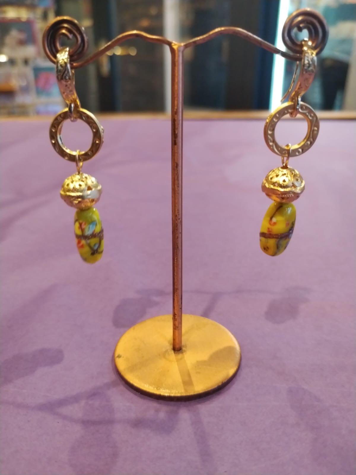 Yellow colourful bead & gold drop earrings