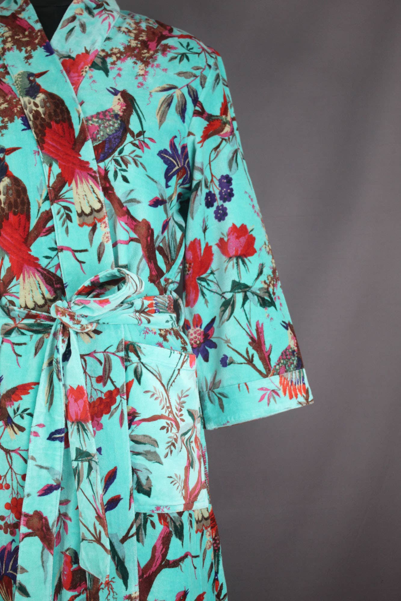 Unlined Luxury Cotton Velvet Kimono Robe - Blue Tropical