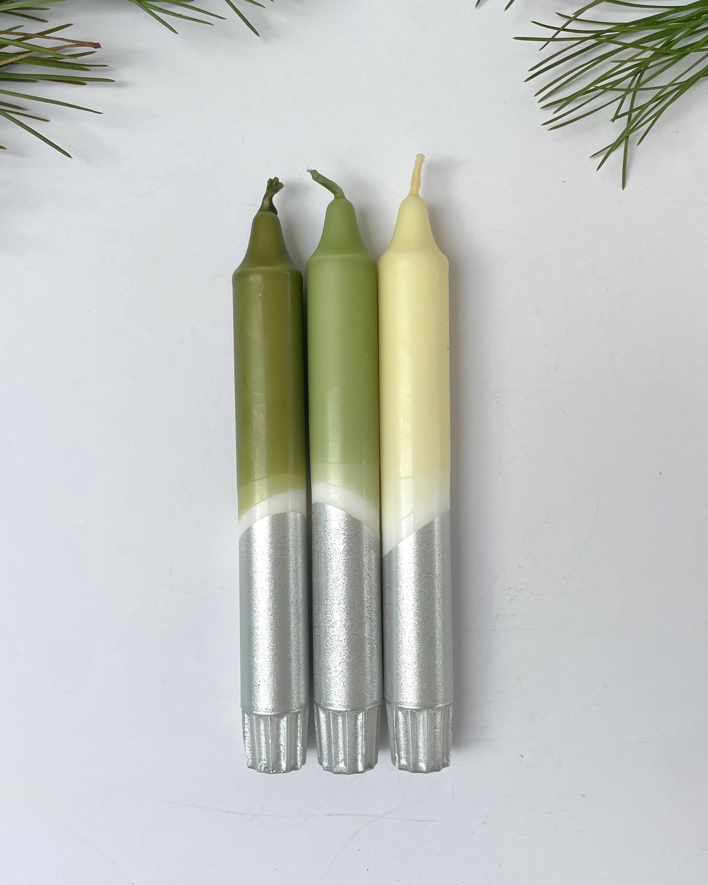 Frosted Forest & Silver Dip Dyed Dinner Candles