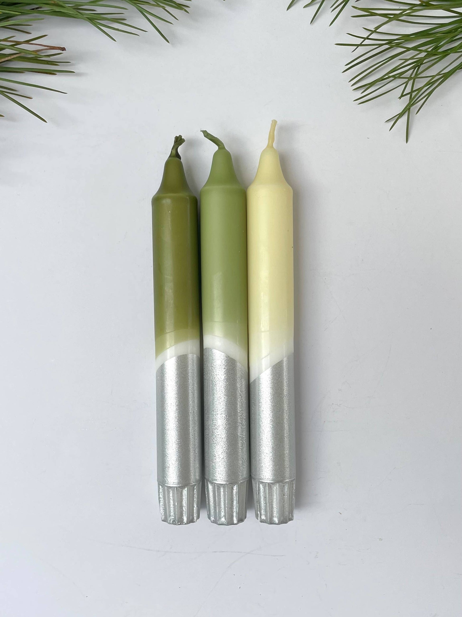 Frosted Forest & Silver Dip Dyed Dinner Candles
