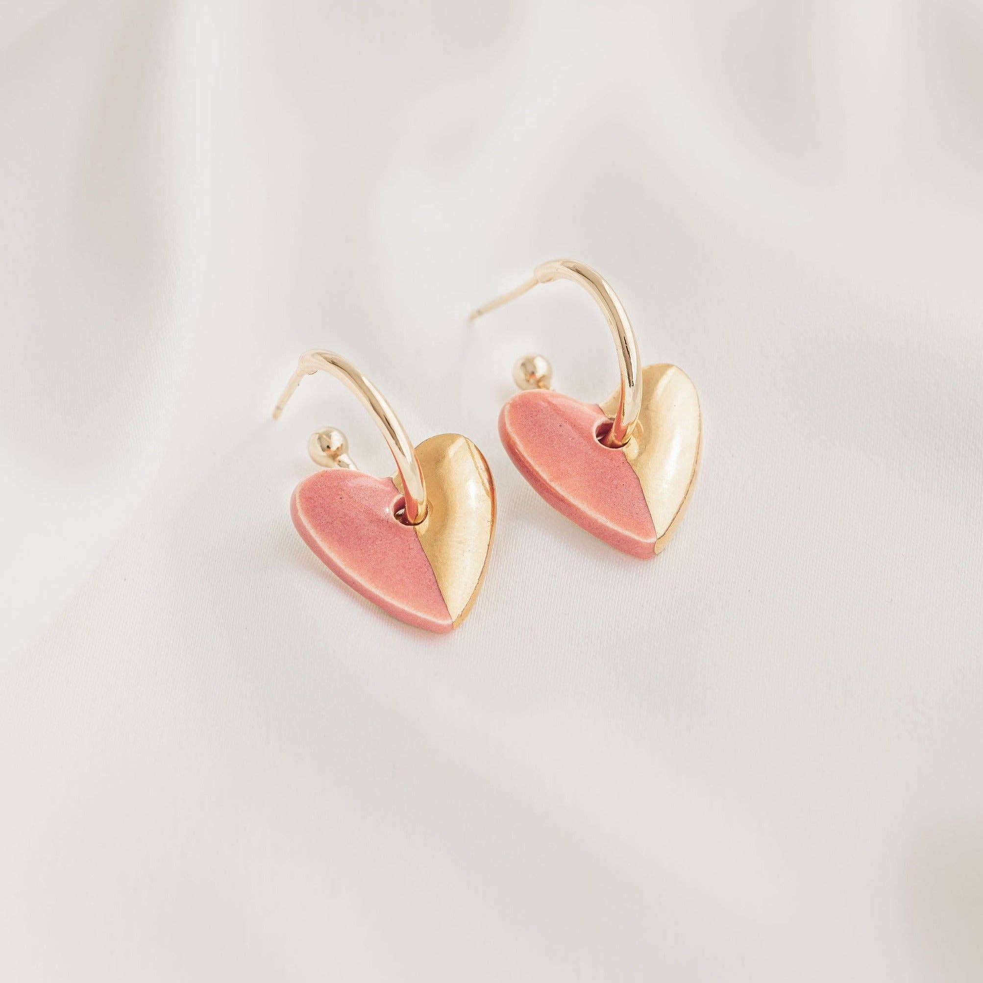 Pink  Mini Ceramic Heart Charm With Huggie Hoops: Gold