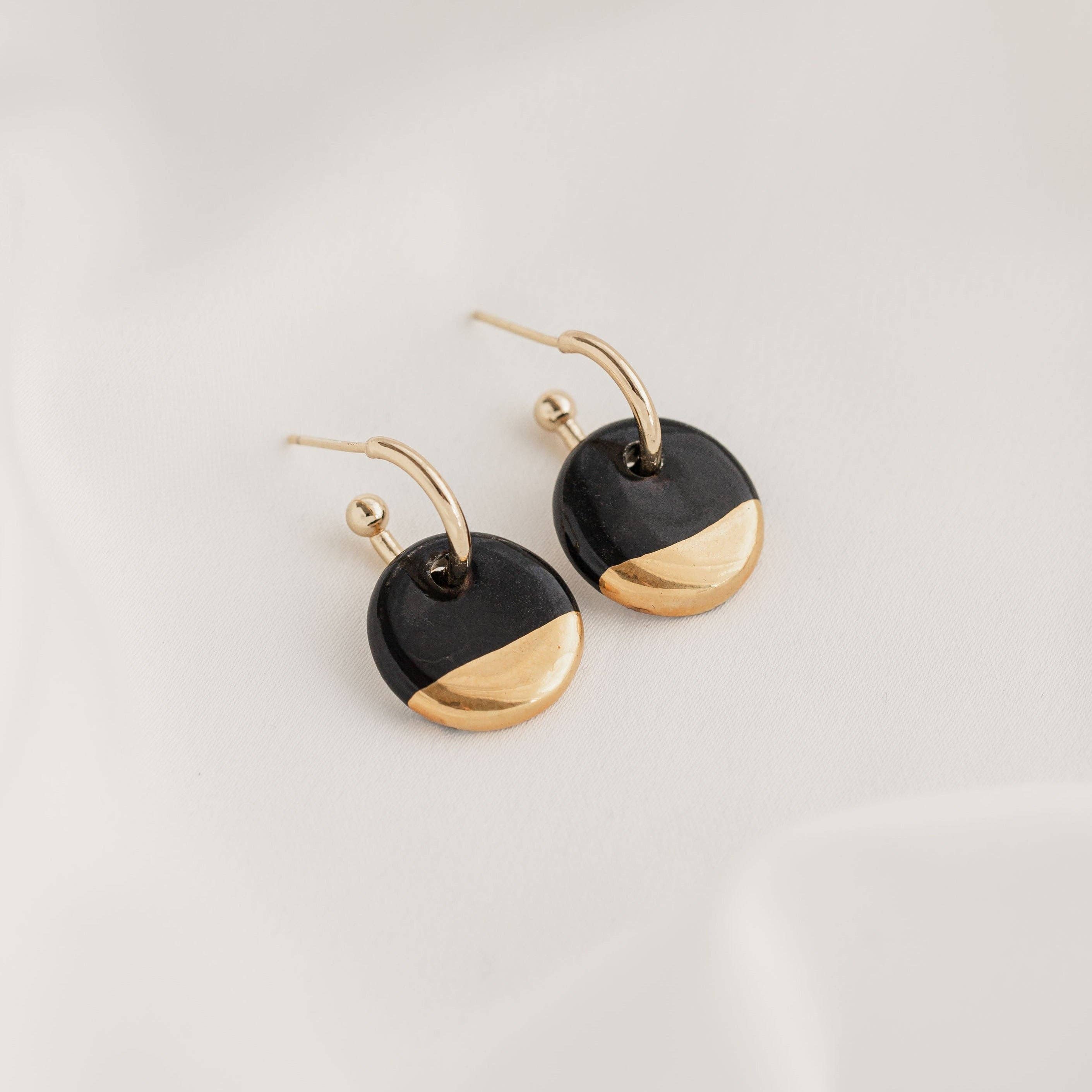 Black Mini Ceramic Circle Charm With Huggie Hoops: Gold