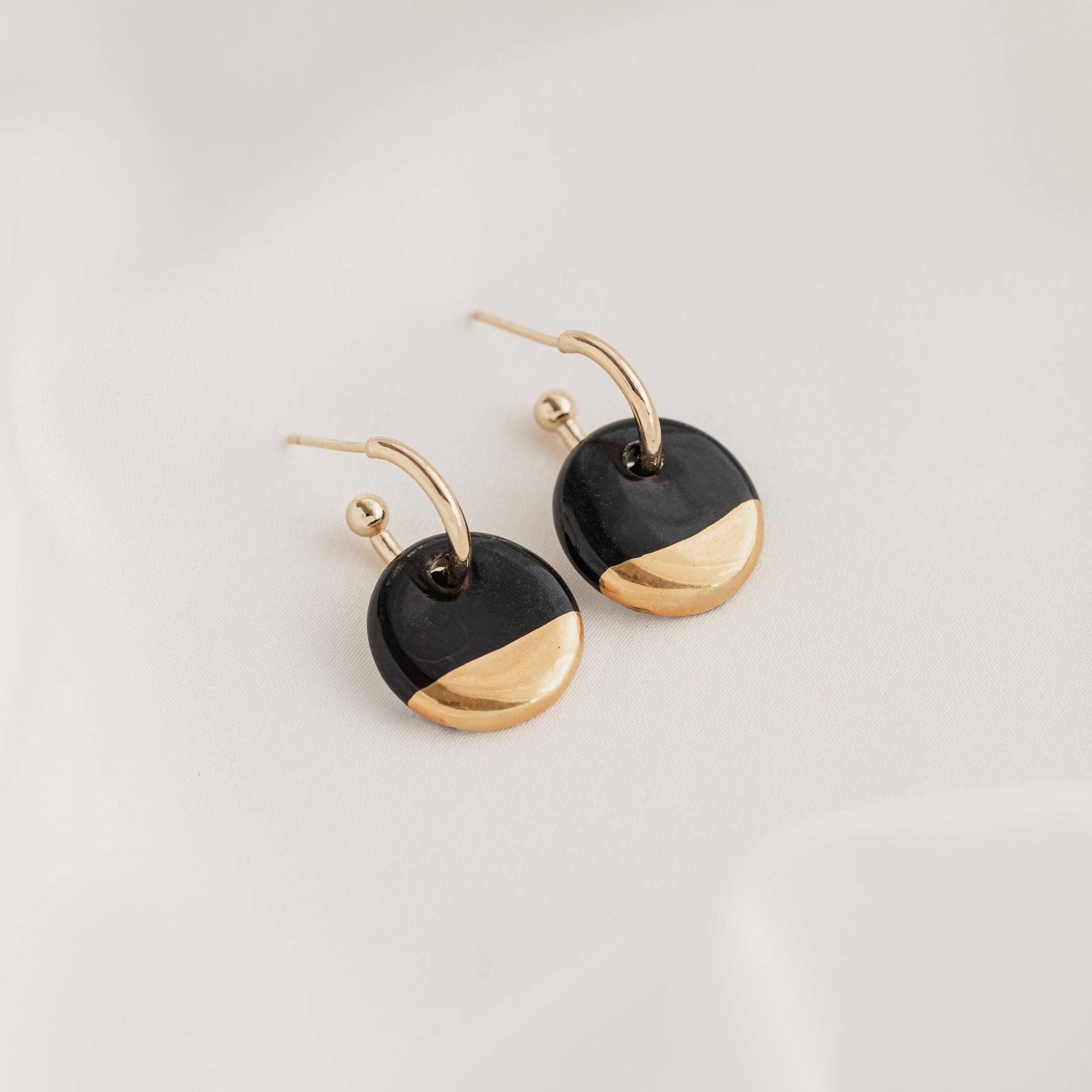 Black Mini Ceramic Circle Charm With Huggie Hoops: Gold