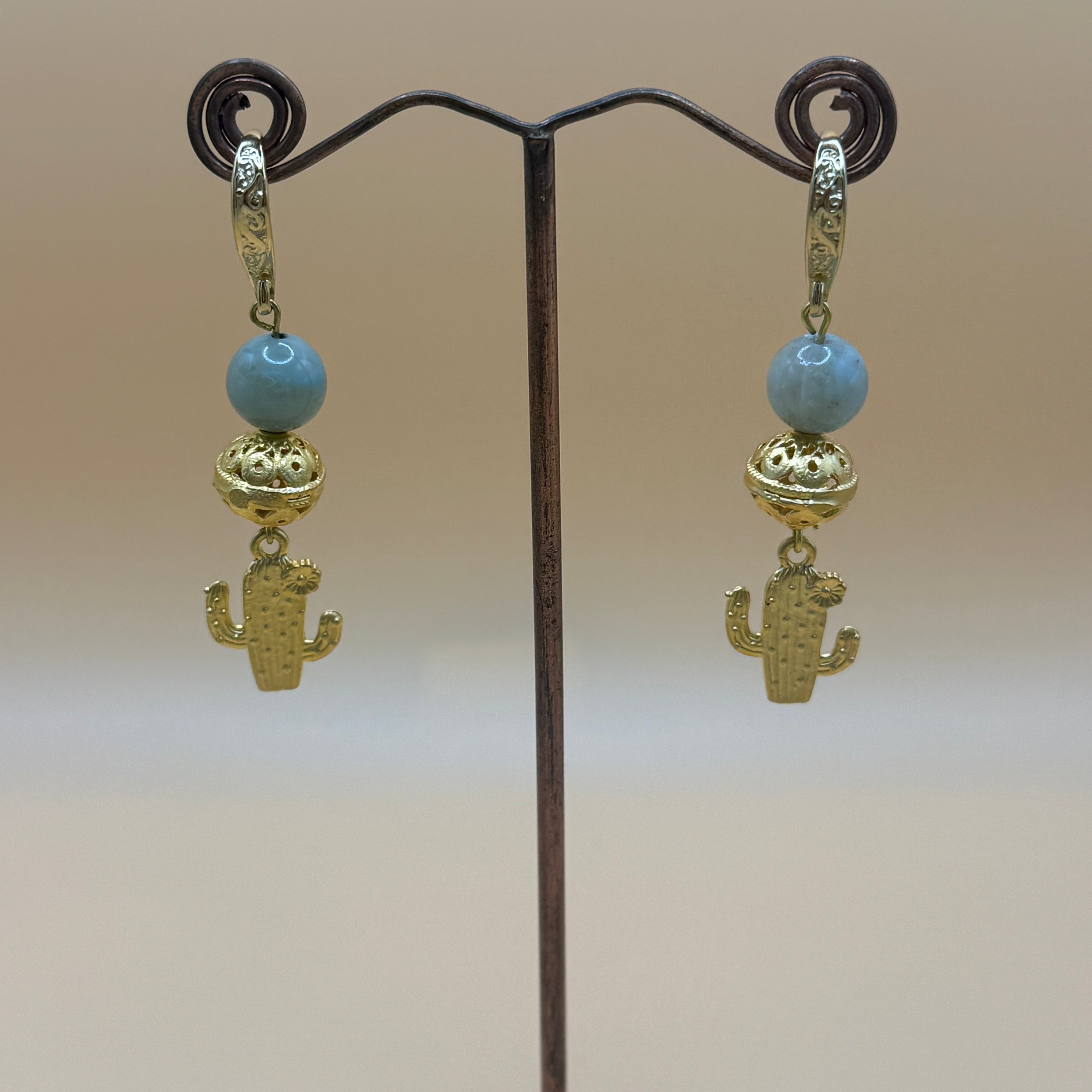 Green Agate and Gold Cactus Drop Earring