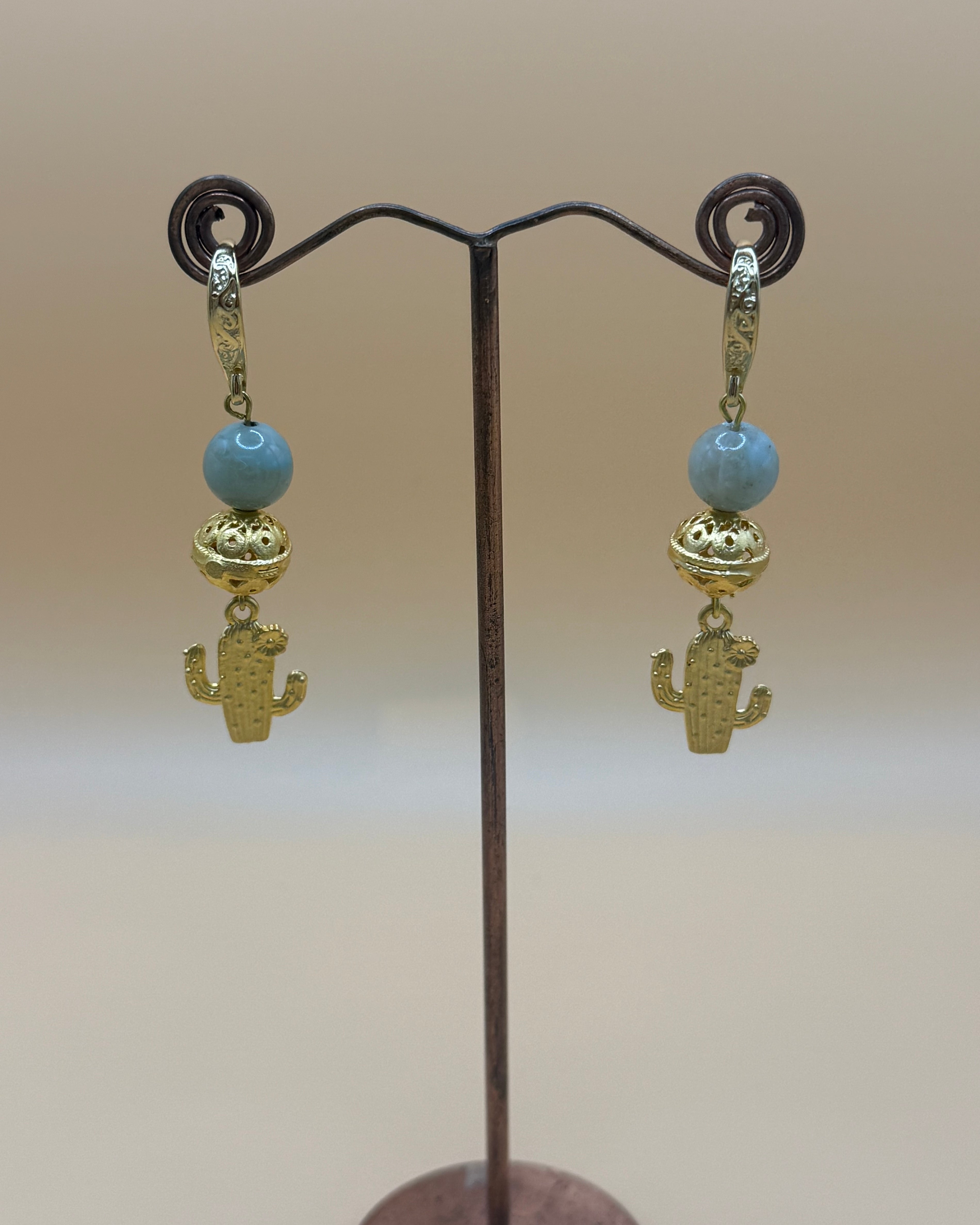 Green Agate and Gold Cactus Drop Earring