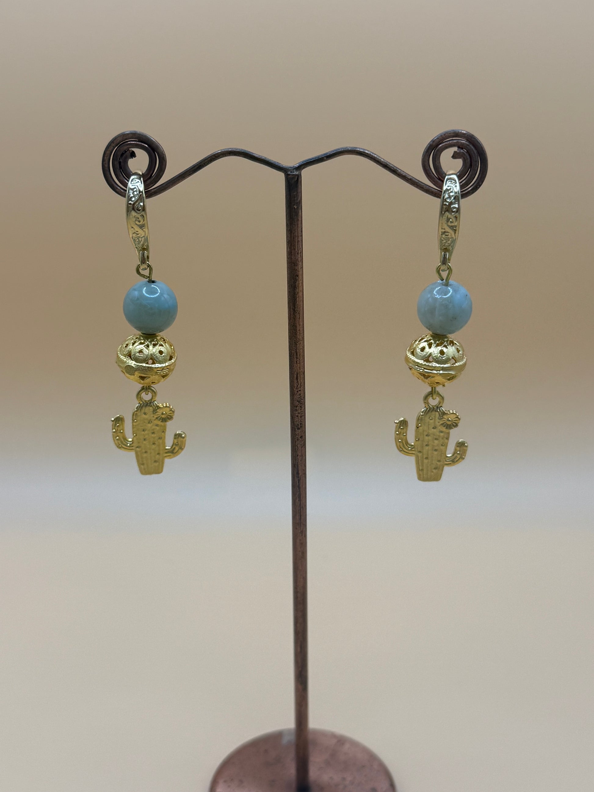 Green Agate and Gold Cactus Drop Earring