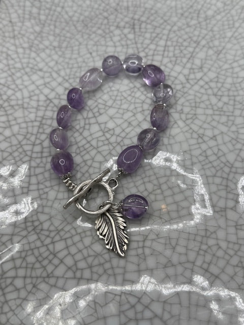 Pale Amethyst Bracelet With Silver Leaf Charm
